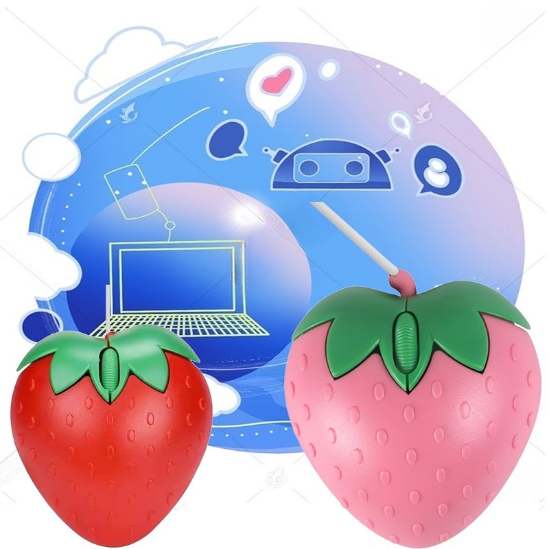 Pink Strawberry Wired Mouse 1.5M Cable USB Optical 1200 DPI Compact Three Buttons Travel Companion For Laptop Computer - Image 1