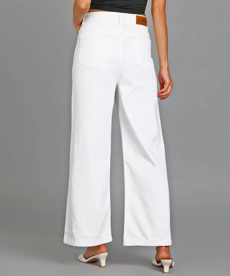 Urbano Fashion  Urbano Fashion Women's White Regular Fit Wide Leg Mild Distressed/Knee Slit Washed Jeans for Women | Best Price UAE