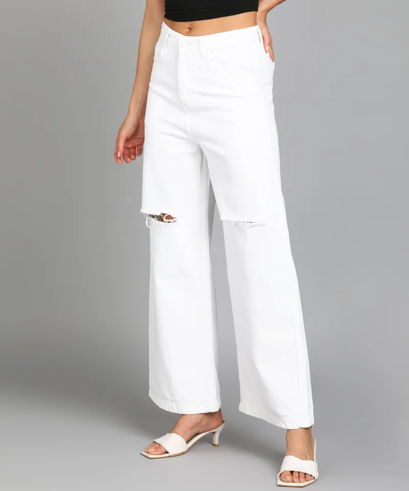 Urbano Fashion  Urbano Fashion Women's White Regular Fit Wide Leg Mild Distressed/Knee Slit Washed Jeans for Women | Best Price UAE
