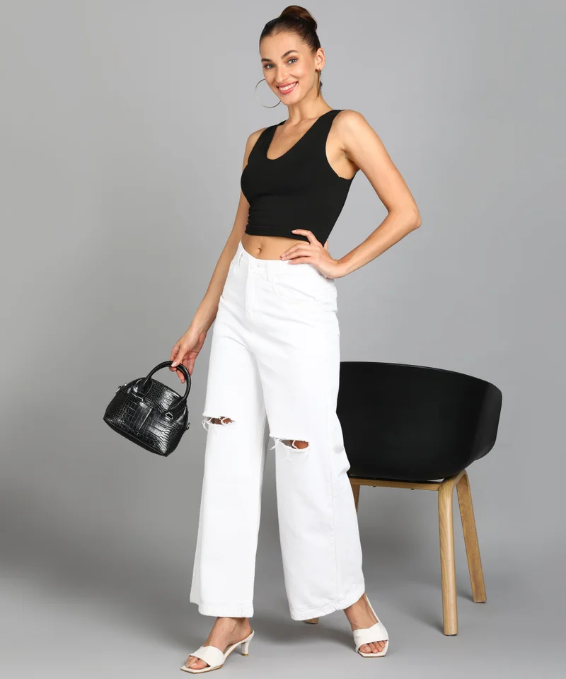Urbano Fashion  Urbano Fashion Women's White Regular Fit Wide Leg Mild Distressed/Knee Slit Washed Jeans for Women | Best Price UAE