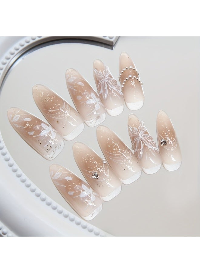 30 Pcs 3D Butterfly Floral Press-On Nails - Almond Shape Long Glossy Brown Nude Reusable Fake Nails for Hands Feet, Easy Apply Nail Decor - Image 5