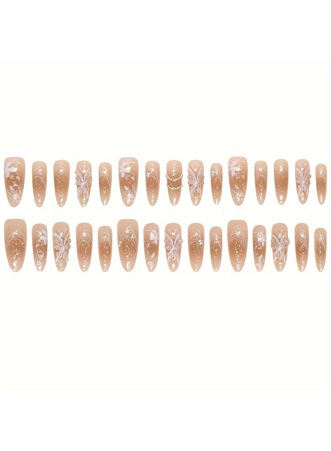 30 Pcs 3D Butterfly Floral Press-On Nails - Almond Shape Long Glossy Brown Nude Reusable Fake Nails for Hands Feet, Easy Apply Nail Decor - Image 4