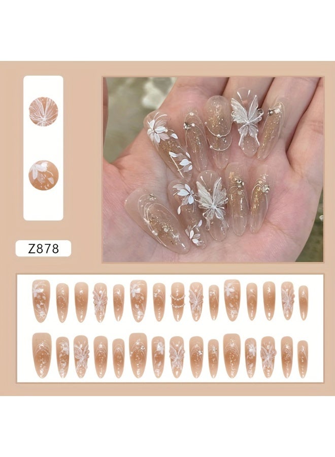 30 Pcs 3D Butterfly Floral Press-On Nails - Almond Shape Long Glossy Brown Nude Reusable Fake Nails for Hands Feet, Easy Apply Nail Decor - Image 3