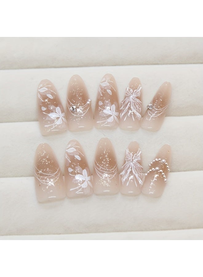 30 Pcs 3D Butterfly Floral Press-On Nails - Almond Shape Long Glossy Brown Nude Reusable Fake Nails for Hands Feet, Easy Apply Nail Decor - Image 2