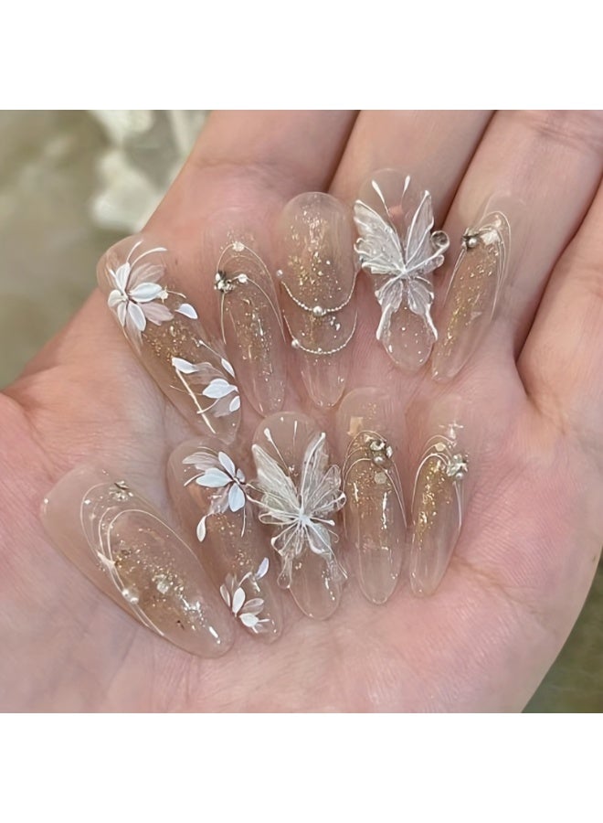 30 Pcs 3D Butterfly Floral Press-On Nails - Almond Shape Long Glossy Brown Nude Reusable Fake Nails for Hands Feet, Easy Apply Nail Decor - Image 1