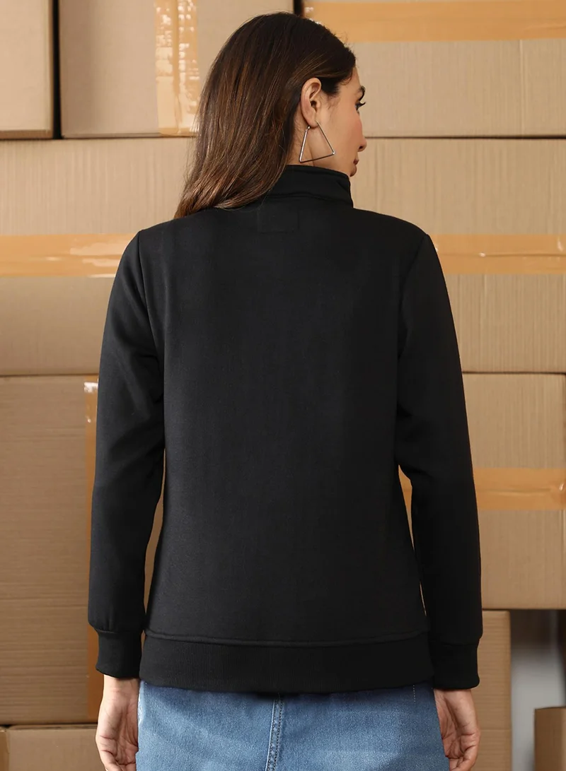 Campus Sutra Women's Onyx Black Zip-Front Self-Patch Jacket
