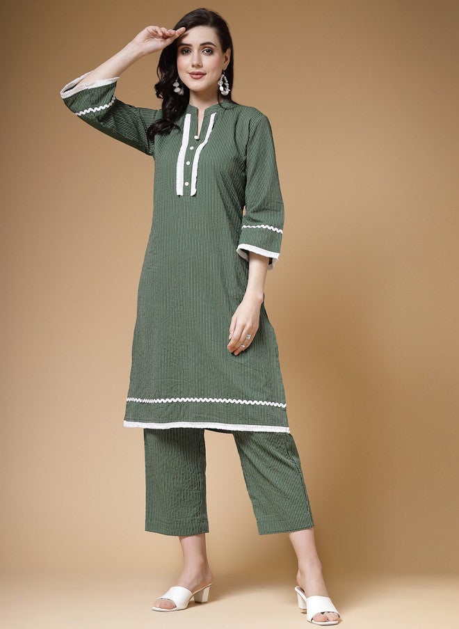 Indibelle Striped Pure Cotton Kurta with Trouser Set - Image 1