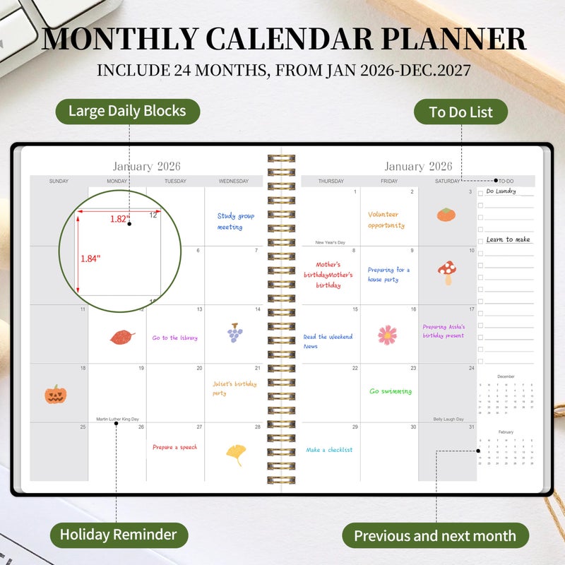 Kamoy 2026-2027 Monthly Planner - Jan.2026 - Dec. 2027, 2 Year Calendar 2026-2027 Monthly Planner, 7.5" x 10", 24 Months Calendar Planner with Note Pages, Twin-wire Binding, for Office, School Home Planning - Black - Image 3