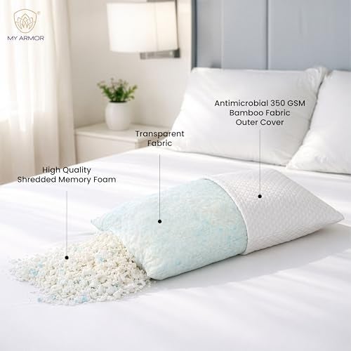 MY ARMOR Adjustable Shredded Memory Foam Pillow with Extra Filling | 350 GSM Antimicrobial Cover | 16" x 24" - 1 Piece - Image 3