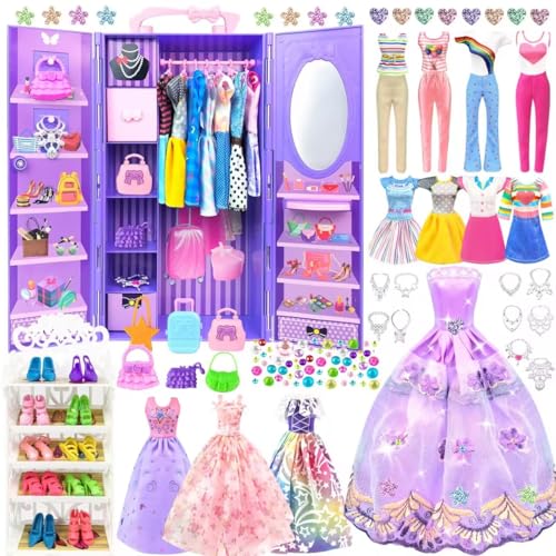 VLUSSO 75 Pack Doll Clothes and Accessories with Doll Closet for 115 Inch Doll Fashion Design Kit Girl Doll Dress Up Including Wedding Dress Fashion Dress Outfits Tops and Pants Shoes Hangers Bags Necklaces - Image 1