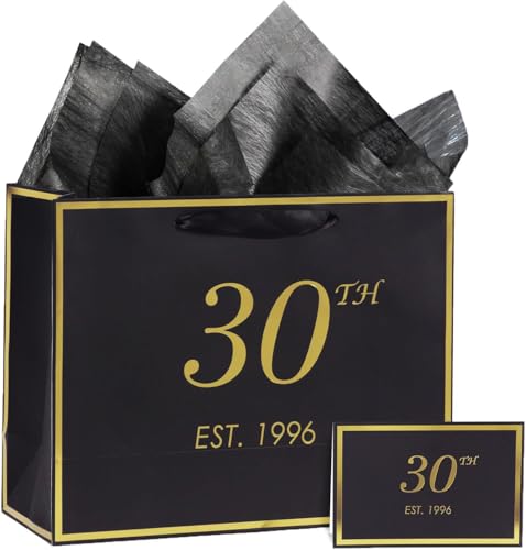 momoake 30th Birthday Gift Bag with Card and Tissue Paper for Men Women Him 1996 30 Year Old 13 Elegant Black Gold Anniversary Keepsake Party Present Shopping Paper Bags for Gifts Wrapping 1996 30th - Image 1