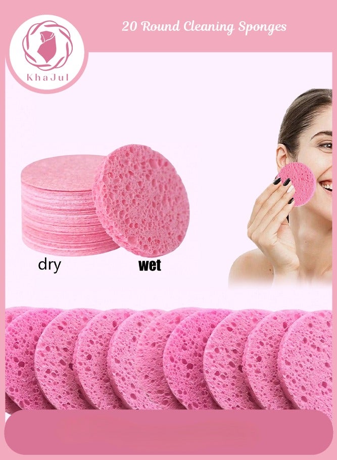 KHAJUL 20-Count Facial Sponges Compressed Natural Cellulose Sponge Round Shape Face Sponge for Face Cleansing Exfoliating and Makeup Removal, Pink - Image 1