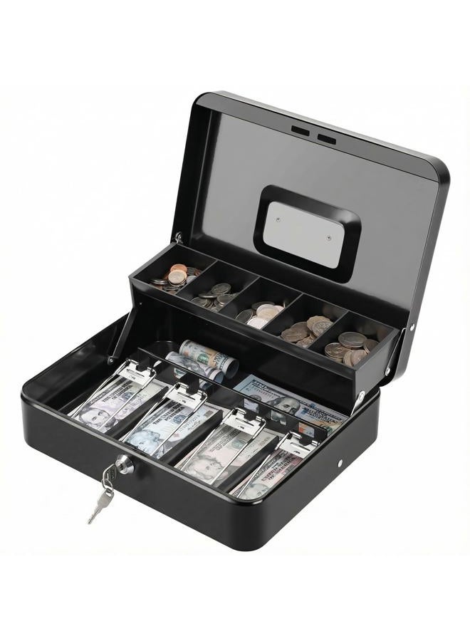 KYODOLED Locking Cash Box with Lock, Money Box with Cash Tray, Lock Safe Box with Key, Money Saving Organizer,11.81Lx 9.45Wx 3.54H Inches, Black XL Large - Image 1