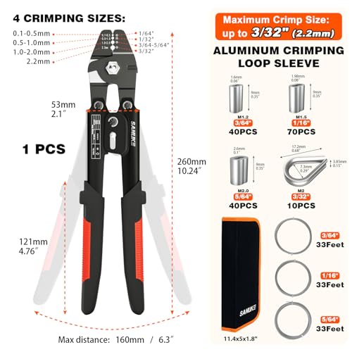 Sanuke Wire Rope Crimping Tool for 3/64 5/64 1/16 Wire Rope with 3 Sizes Stainless Steel Cable, 150pcs Crimping Loop Sleeves, 10pcs Thimbles and A Portable Bag - Image 2