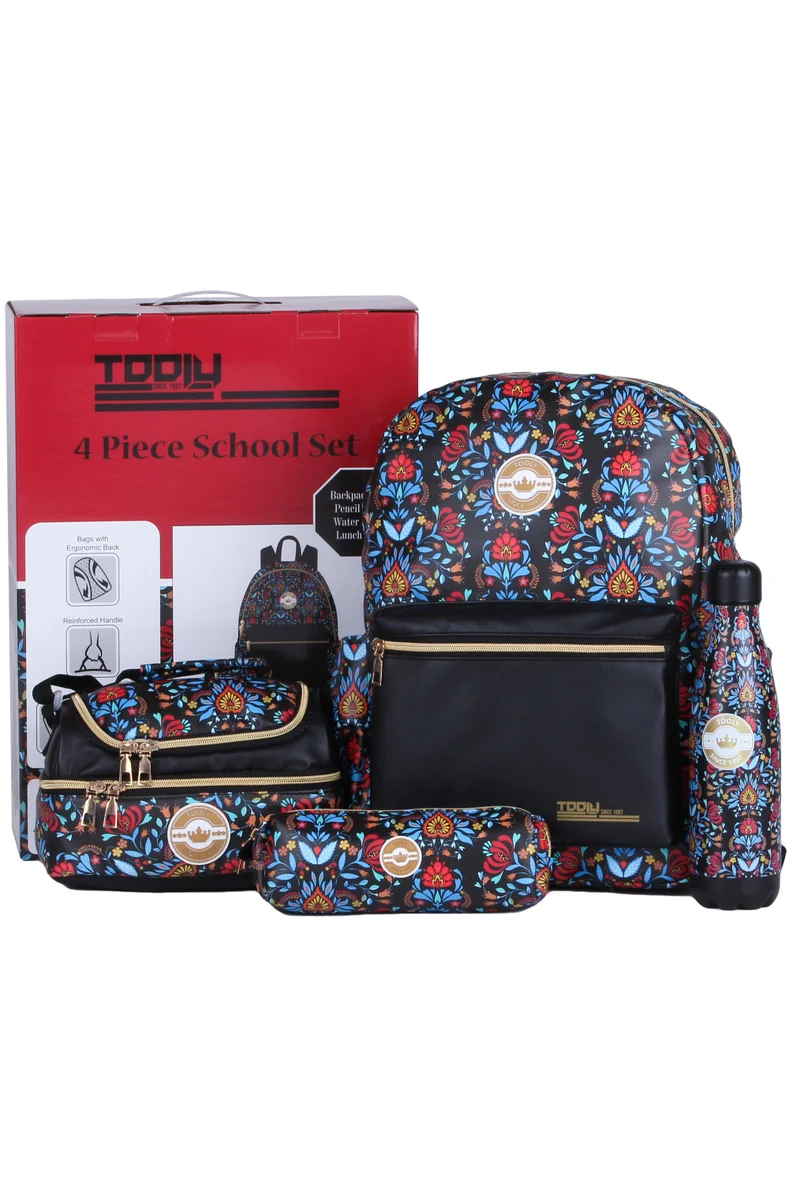 TOOLY 4-Piece School Set, Floral Pattern Backpack with Lunch Bag, Pencil Case and Water Bottle, Black and Multi-colour(Size: H 42 X 30 X 13 CM)