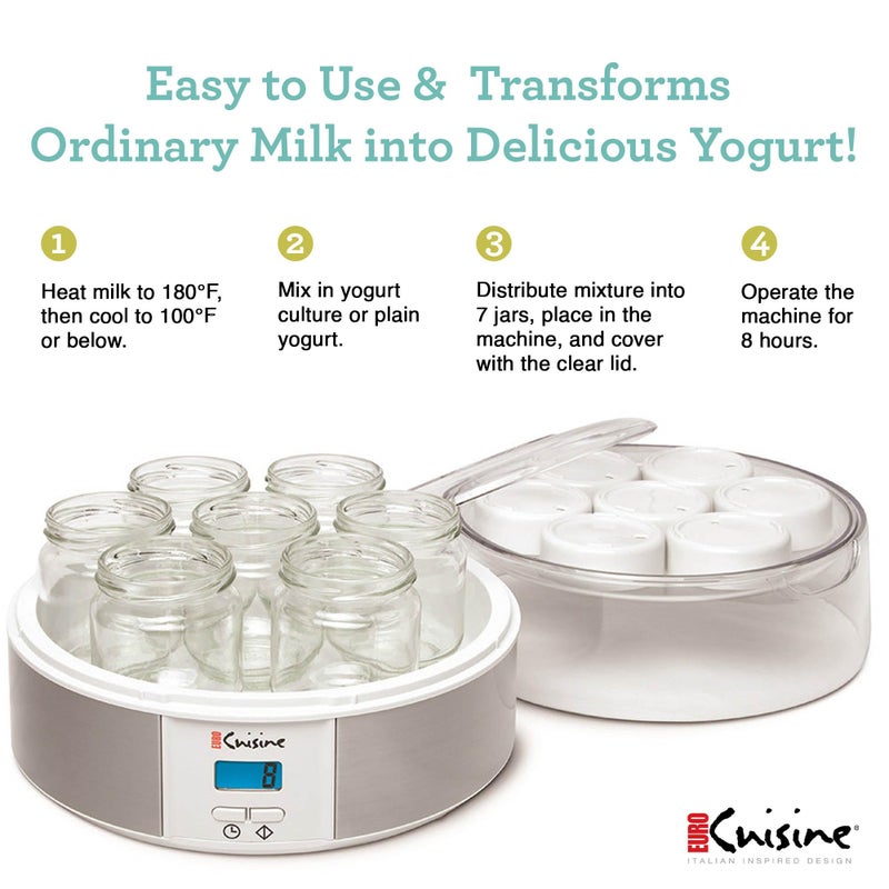 Euro Cuisine Yogurt Maker - YMX650 Automatic Digital Yogurt Maker Machine with Set Temperature - Includes 7-6 oz. Reusable Glass Jars and 7 Rotary Date Setting Lids for Instant Storage - Image 2