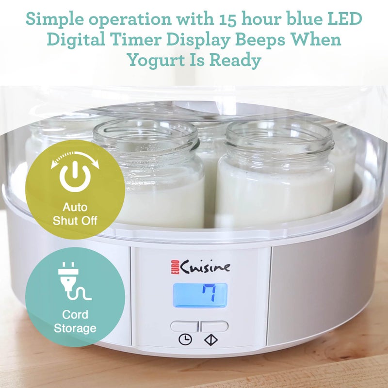 Euro Cuisine Yogurt Maker - YMX650 Automatic Digital Yogurt Maker Machine with Set Temperature - Includes 7-6 oz. Reusable Glass Jars and 7 Rotary Date Setting Lids for Instant Storage - Image 5