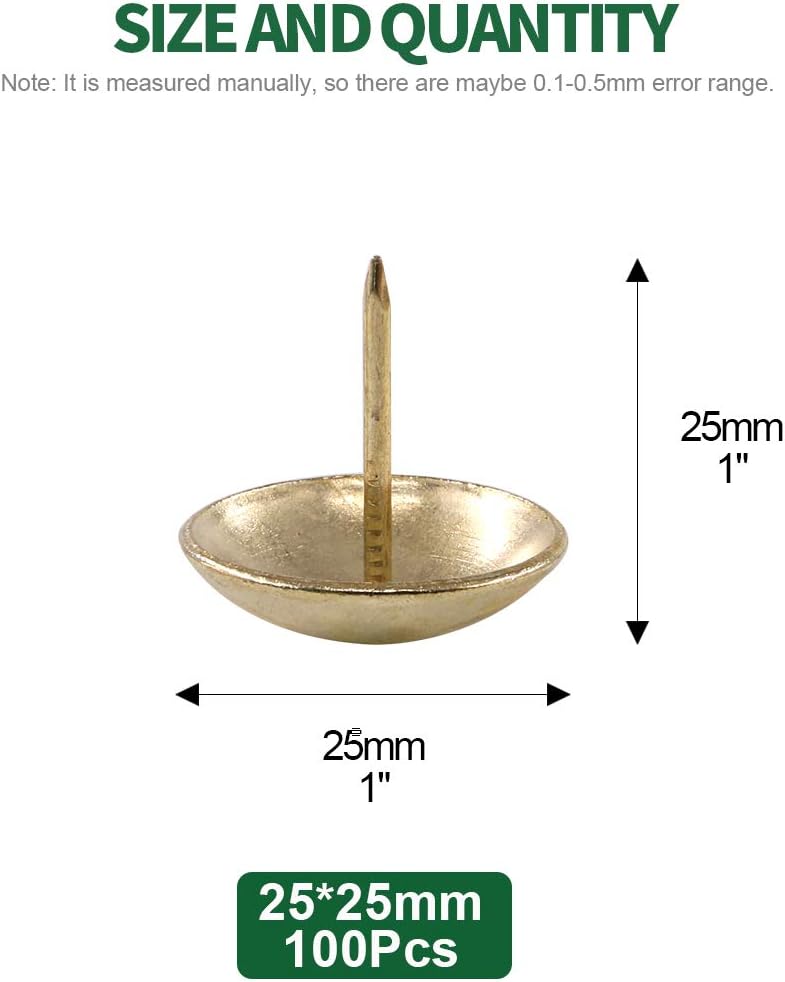 Keadic 100Pcs 1" (25mm) Antique Upholstery Tacks Furniture Nails Pins Assortment Kit for Upholstered Furniture Cork Board or DIY Projects - Gold - Image 2