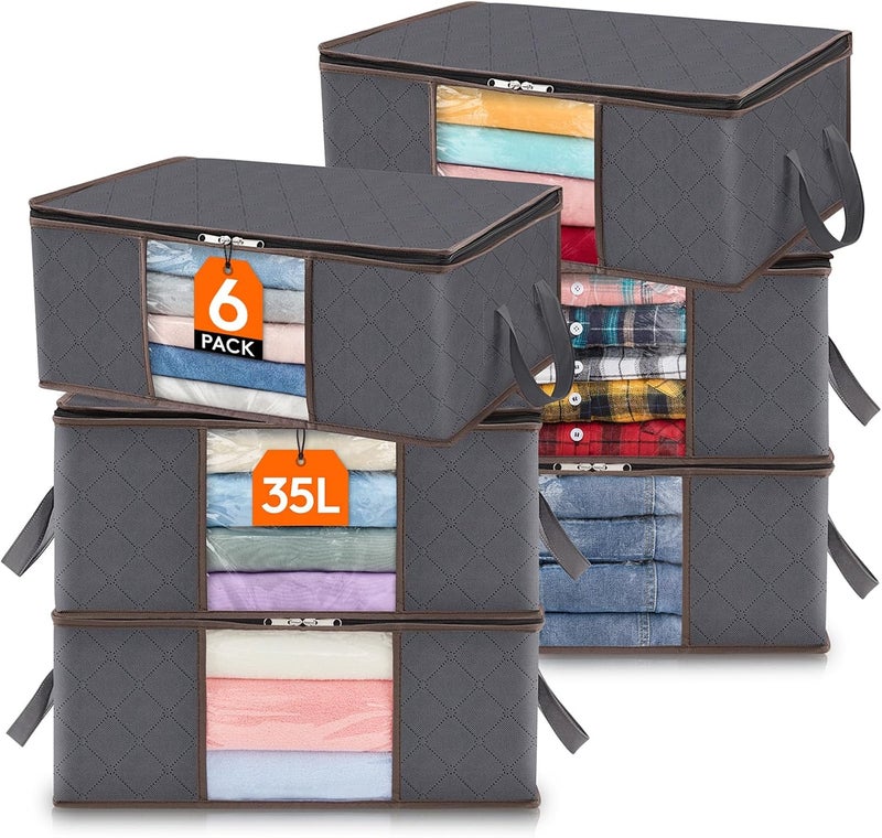 Lifewit Set of 6 35L Clothes Storage Bag, Foldable Under Bed Storage Box, Duvet Storage Cover, Closet Organizer, Clear Window in Solid Fabric for Clothes, Grey - Image 1