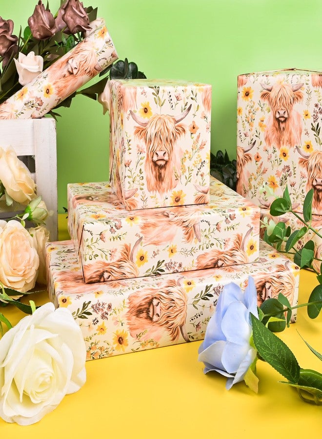 Vnaaem Highland Cow Wrapping Paper Roll - Brown Boho Flower Design Gift Wrap for Birthday Baby Shower Bridal Shower Holiday Party DIY Craft Party(Total 28.5sq.ft) - Image 3