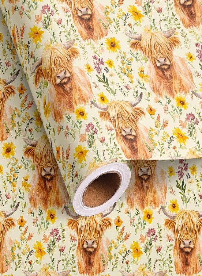 Vnaaem Highland Cow Wrapping Paper Roll - Brown Boho Flower Design Gift Wrap for Birthday Baby Shower Bridal Shower Holiday Party DIY Craft Party(Total 28.5sq.ft) - Image 1