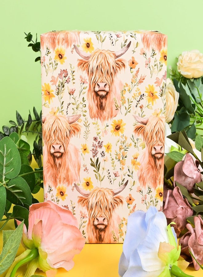 Vnaaem Highland Cow Wrapping Paper Roll - Brown Boho Flower Design Gift Wrap for Birthday Baby Shower Bridal Shower Holiday Party DIY Craft Party(Total 28.5sq.ft) - Image 4
