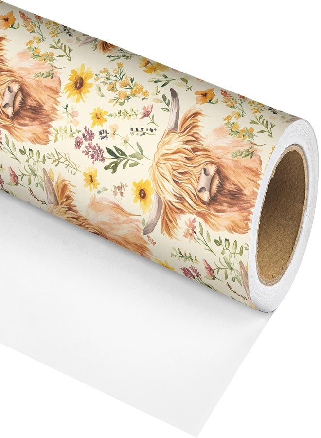 Vnaaem Highland Cow Wrapping Paper Roll - Brown Boho Flower Design Gift Wrap for Birthday Baby Shower Bridal Shower Holiday Party DIY Craft Party(Total 28.5sq.ft) - Image 2