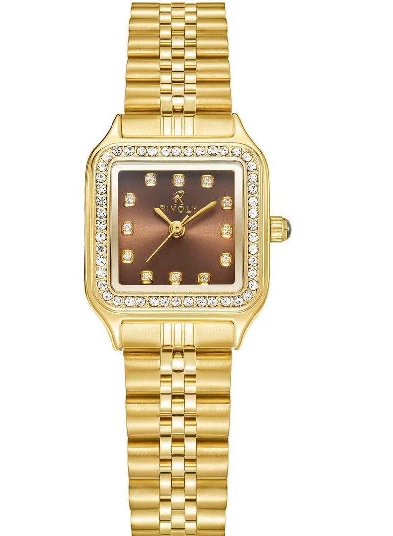 ريفولي ساعة يد نسائي بهيكل مربع مزين بالكريستال وسوار معدني