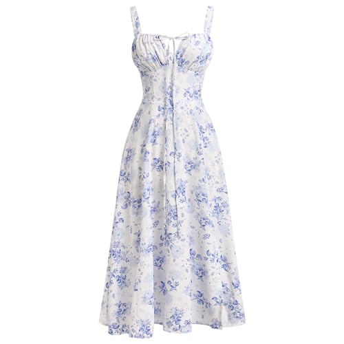 AGYMNX Women's Floral Corset Dress Formal Cocktail Dresses Going Out Casual Sundress Split Thigh Spaghetti Strap Vintage Dress Blue - Image 4