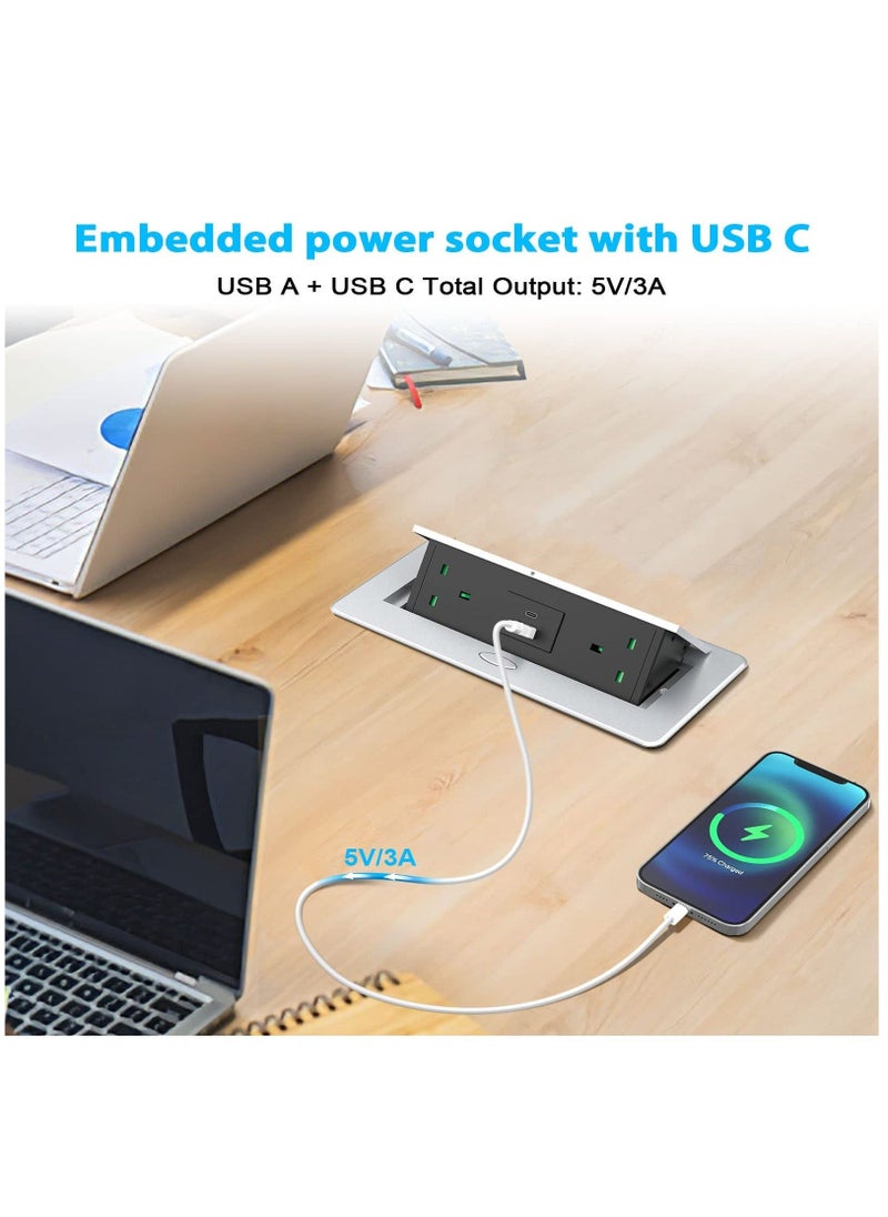 Recessed Power Socket with USB C PD20W, Desk Power Socket with USB, Aluminum Recessed Pop Up Socket for Desk Worktop 1.8M Cable, Aluminum(3250W/13A) - Image 4