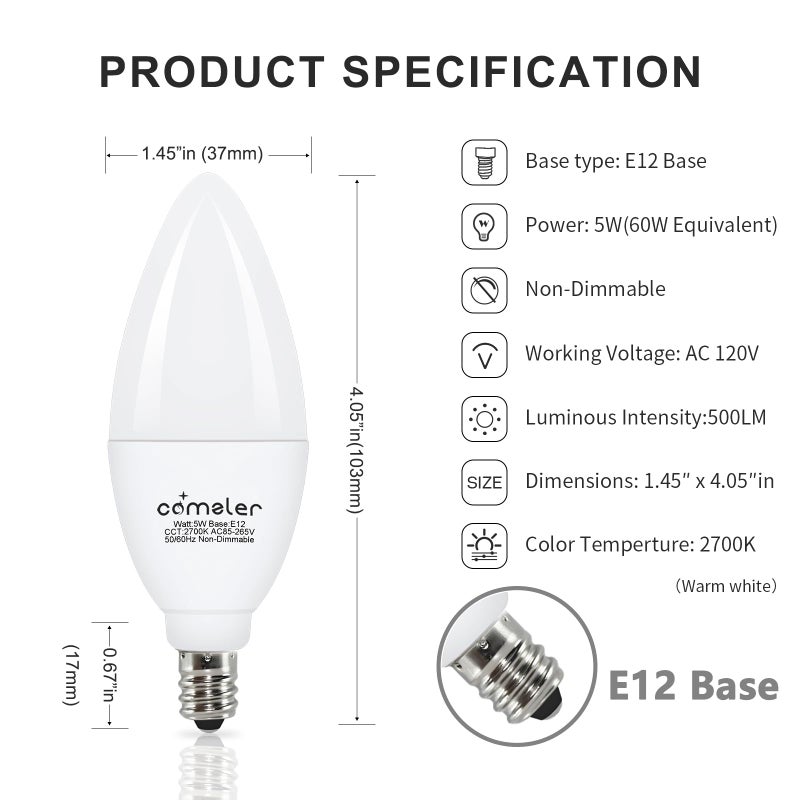 Comzler مصباح شمعة LED من كومزلر، مصابيح ضوء مروحة السقف، مصباح LED E12، 5 واط يعادل 60 واط، ضوء ثريدي ناعم 2700K، مصابيح ثريا LED، مصباح شمعة بقاعدة صغيرة غير قابلة للتعتيم، 6 عبوات - Image 2