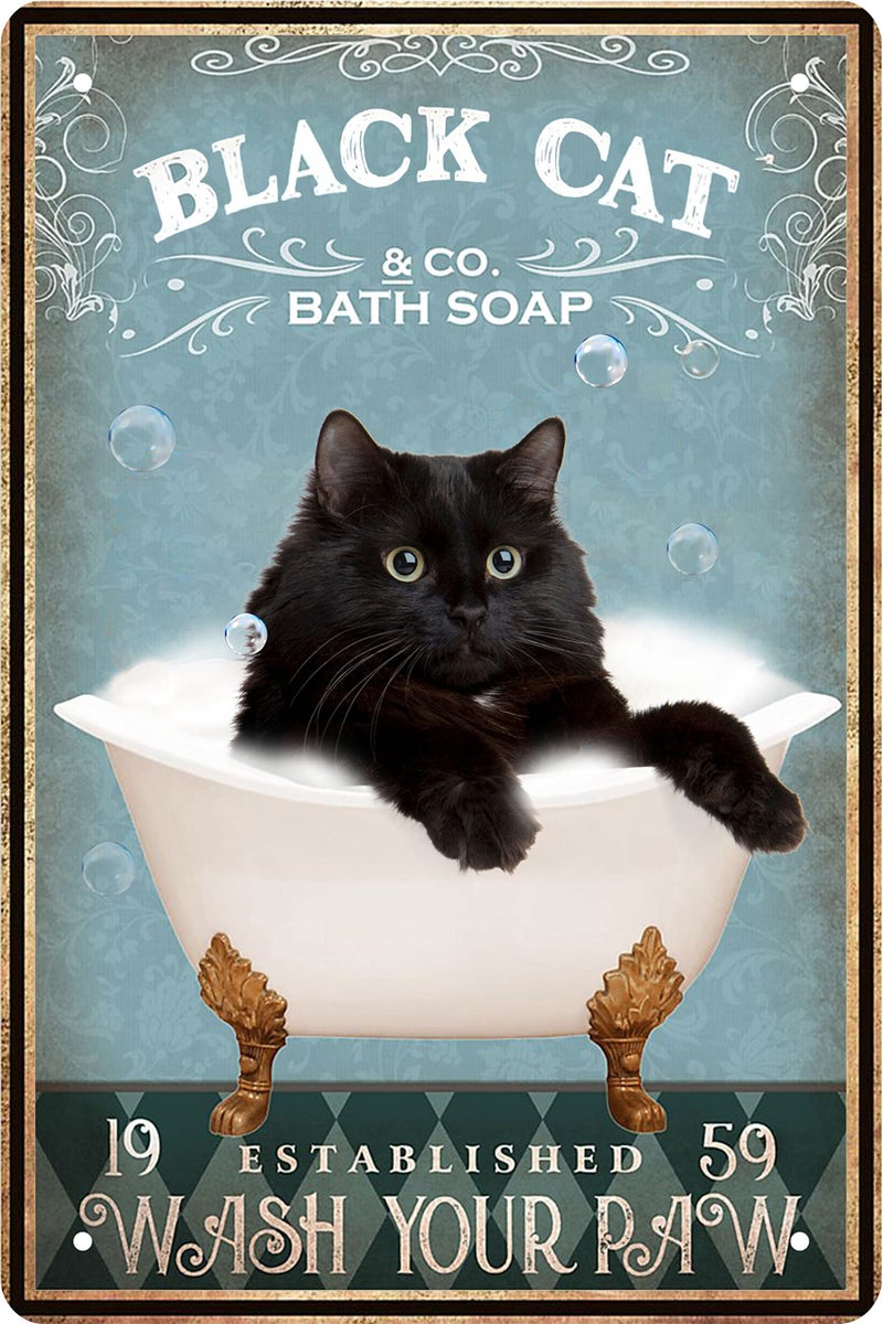 CSWLJS Tin Signs Cat Black Cat Sink Co - Wash Your Paw Metal Poster Black Cat Metal Poster Wall Decor Hanging Metal Poster Funny Bathroom Metal Poster Signs for Home 8 x 12 In - Image 1