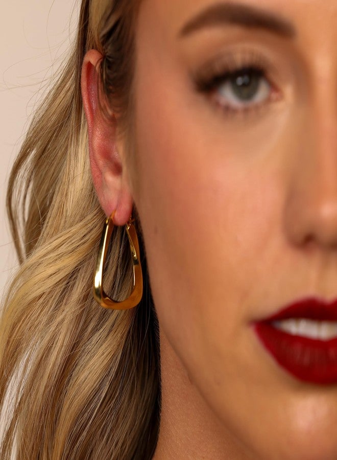 Lemon Grass Medium Square Hoop Earrings | 18K Gold Plated Hoop Earrings With Twist Design | Rounded Square Hoops Smooth - Gold 1 1/2'' - Image 3