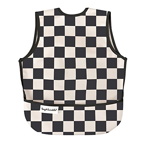 Tiny Twinkle Twinkle Short Sleeve Apron Baby & Toddler Bib – Waterproof, Mess-Proof Bibs for Eating & Feeding, Machine Washable, Perfect Holiday Gift (Black Checkers, 6–24M) - Image 1