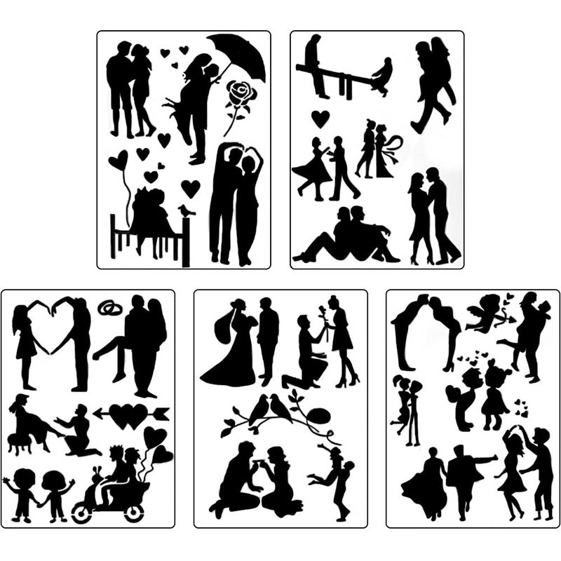 Kelendle 5Pcs Reusable Hollow Painting Silhouette Stencils Drawing Template Stencils Fast Draw Stencil Art Templates DIY Drawing Template Graffiti Stencils for Adults and Children Couples