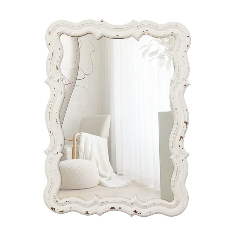 Sintosin Vintage Small Scalloped Wall Mirrors Decorative 16 x 12 inch Hanging Distressed White Sculpted Wood Bathroom Vanity Mirror Rustic Entryway Mirror Farmhouse Wall Mounted Mirrors