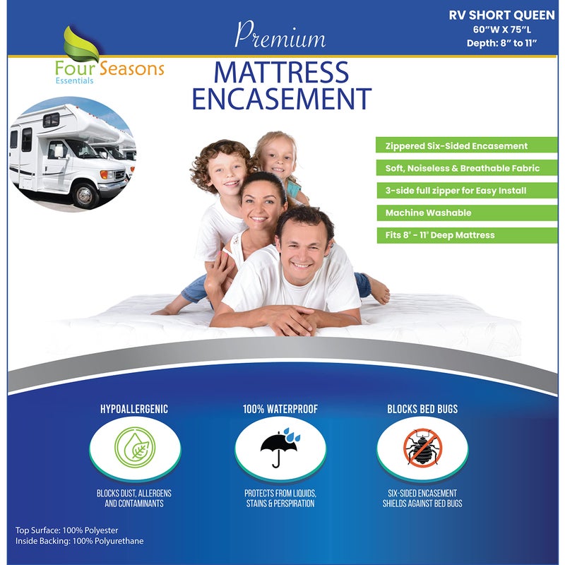 Four Seasons Essenti RV Short Queen Mattress Protector 60"" W x 75 L (8  to 11  Depth) - Waterproof Zippered Encasement Premium Quality Hypoallergenic Bed Cover Protects Against Dust - Image 1