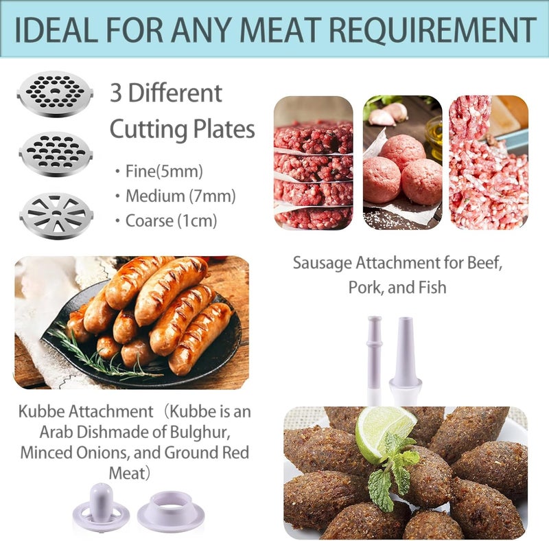 BenRich Electric Meat Mincer Grinder and Sausage Maker, 2800 Watt Powerful Copper Motor Meat Mincer Machine | 2800W Copper Motor Meat Mincer Machine with 3 Cutting Plates, Kibbe Attachment for Home Use - Image 4