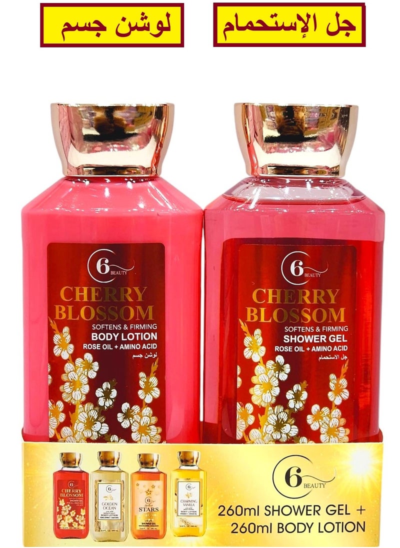 6 BEAUTY - Showr Gel + Body Lotion Cherry Blossom Softens & Firming Shower Gel Rose Oil + Amino Acid 260 ml - Image 1