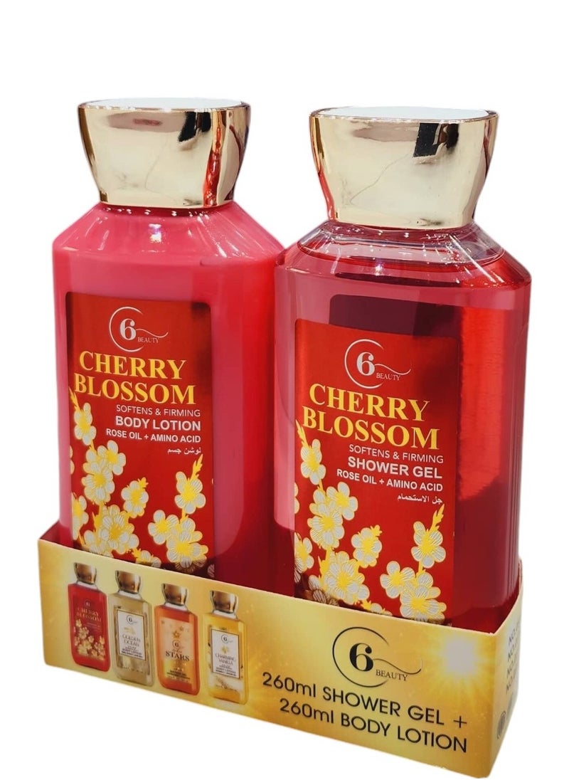 6 BEAUTY - Showr Gel + Body Lotion Cherry Blossom Softens & Firming Shower Gel Rose Oil + Amino Acid 260 ml - Image 1