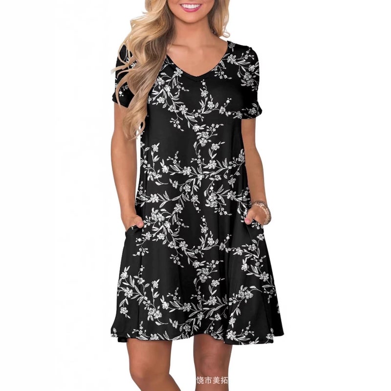 Women's Casual Printed Short Sleeve V-Neck Dress - Image 5