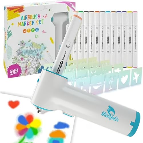 Sleepah Air Brush Marker Sprayer Set for Kids Includes 12 Washable Markers 20 Stencils Gift for Ages 5 6 7 8 9 Years Old Creative Arts Crafts Set DIY Activity for Boys Girls Birthday Gift - Image 1