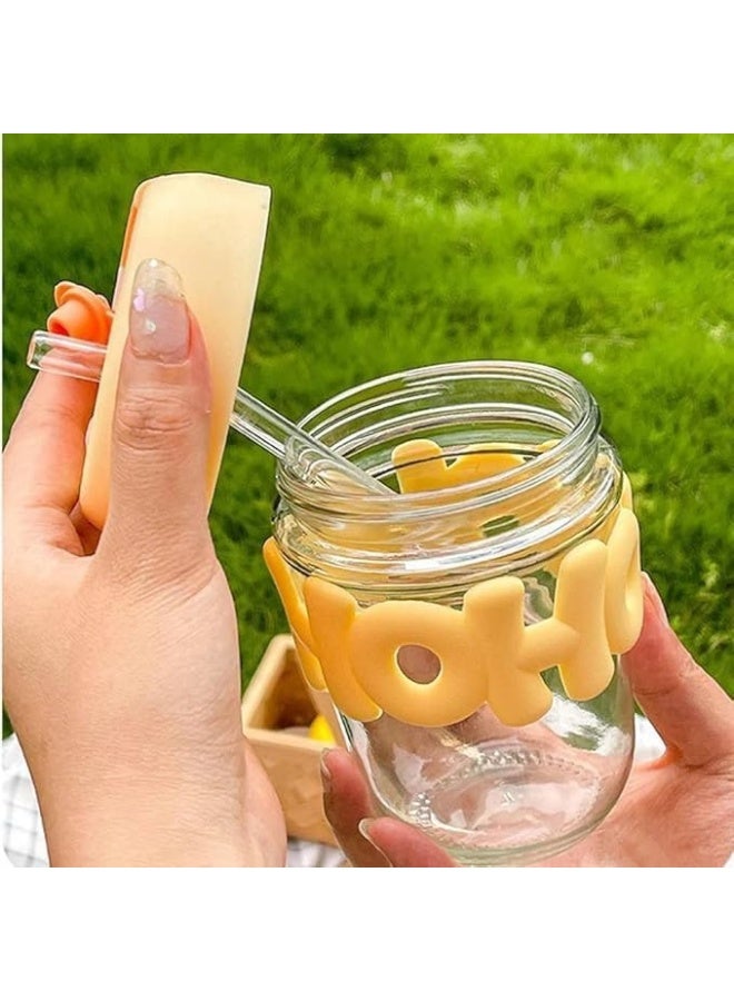 مج زجاجي شفاف بغطاء سيليكون وشفاطة زجاجية بتصميم كيوت للآيس كوفي والعصائر والمشروبات الباردة - Image 3