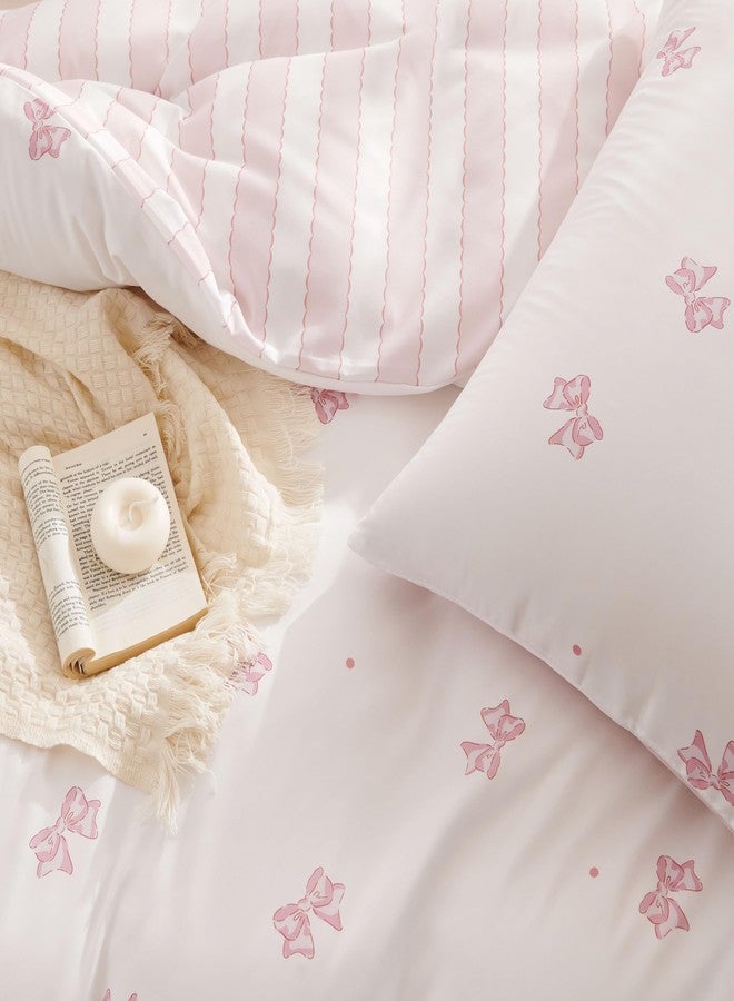 Bildenly Full Size Duvet Cover Pink Bowknot on Side A, White & Pink Vertical Stripes on Side B, Comforter Cover Soft & Lightweight Microfiber Quilt Cover with Zipper Closure and 2 Pillowcases - Image 4