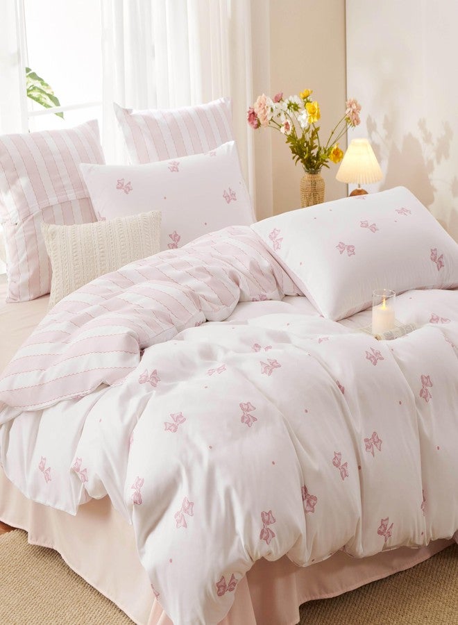 Bildenly Full Size Duvet Cover Pink Bowknot on Side A, White & Pink Vertical Stripes on Side B, Comforter Cover Soft & Lightweight Microfiber Quilt Cover with Zipper Closure and 2 Pillowcases - Image 2