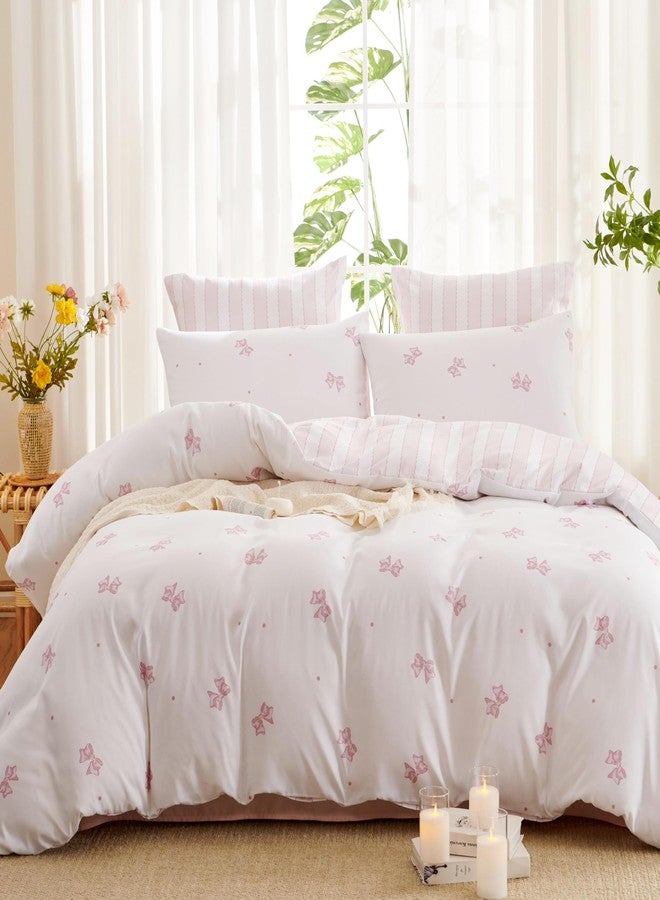 Bildenly Full Size Duvet Cover Pink Bowknot on Side A, White & Pink Vertical Stripes on Side B, Comforter Cover Soft & Lightweight Microfiber Quilt Cover with Zipper Closure and 2 Pillowcases - Image 1