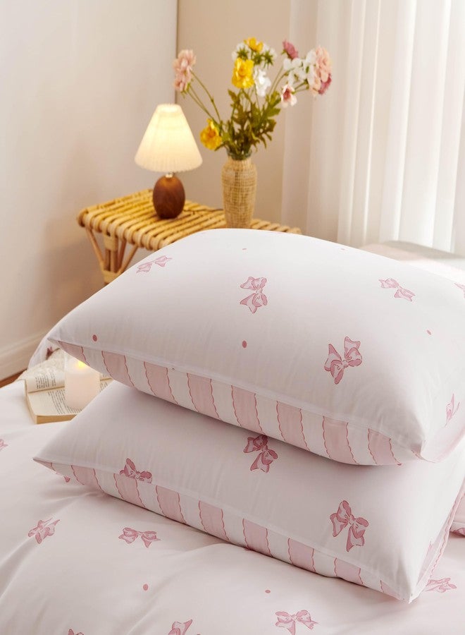 Bildenly Full Size Duvet Cover Pink Bowknot on Side A, White & Pink Vertical Stripes on Side B, Comforter Cover Soft & Lightweight Microfiber Quilt Cover with Zipper Closure and 2 Pillowcases - Image 5
