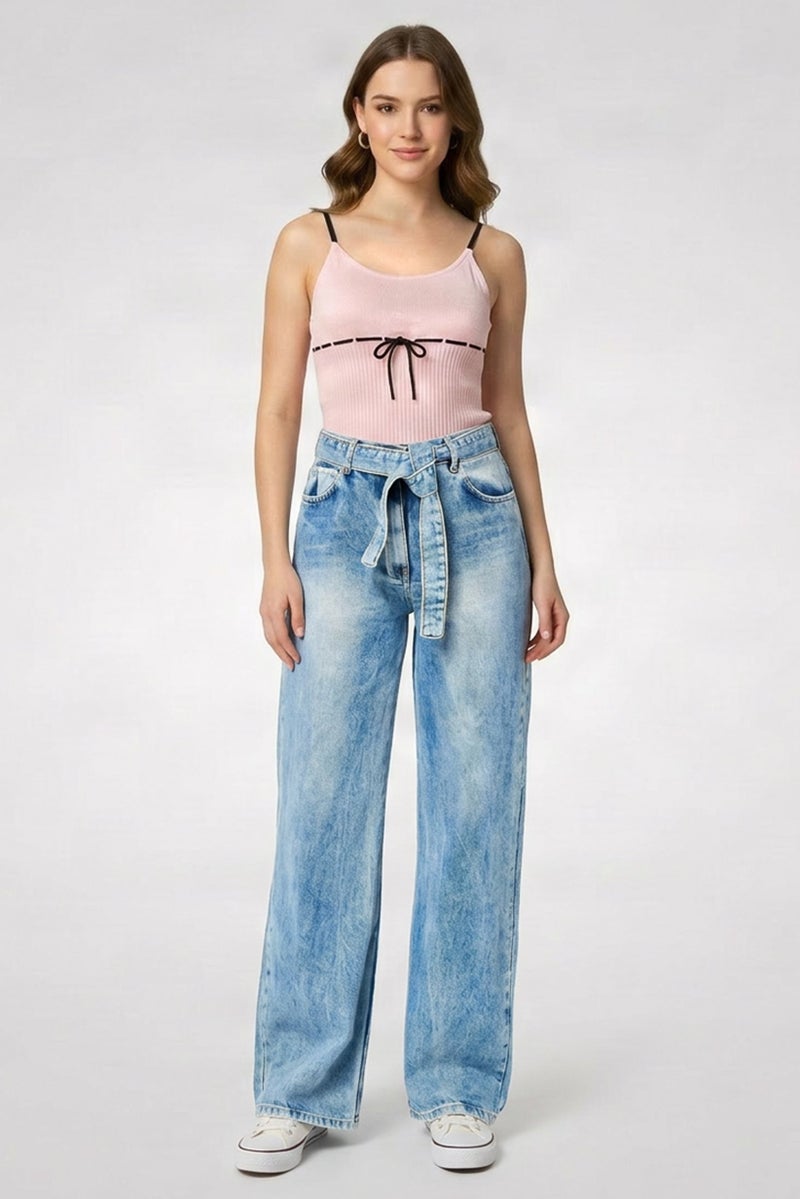 TWINSET Women Regular Fit Distressed Wide Leg Belted Denim, Blue - Image 2