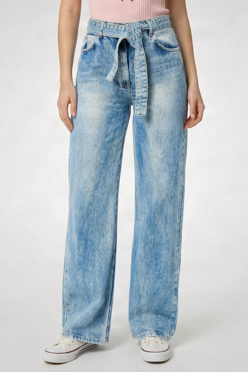 TWINSET Women Regular Fit Distressed Wide Leg Belted Denim, Blue - Image 1
