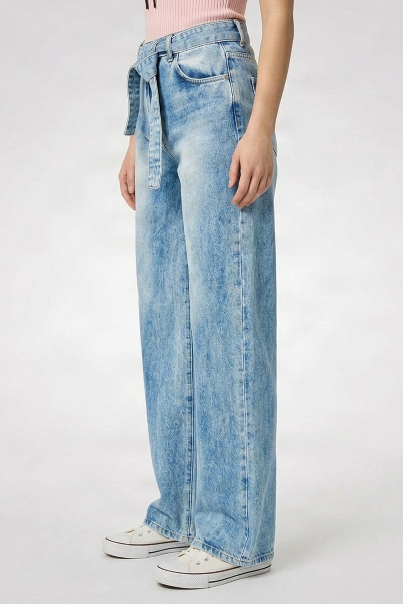 TWINSET Women Regular Fit Distressed Wide Leg Belted Denim, Blue - Image 3